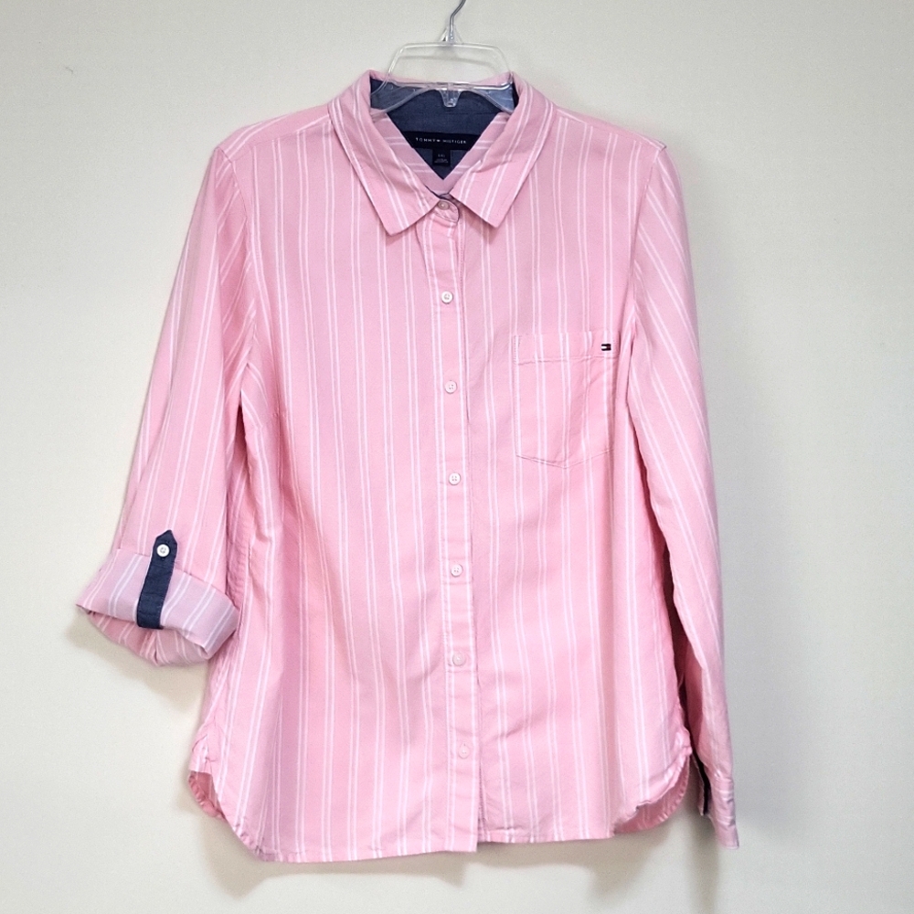 TOMMY HILFIGER Pink Cotton Viscose Stripe Pocket Roll-Tab Sleeve Button Down